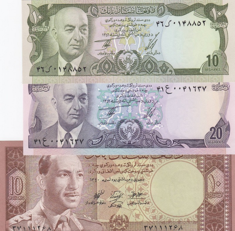Afghanistan, Total 3 banknotes
10 Afghanis, 1977, UNC, p47c; 20 Afghanis, 1977,...