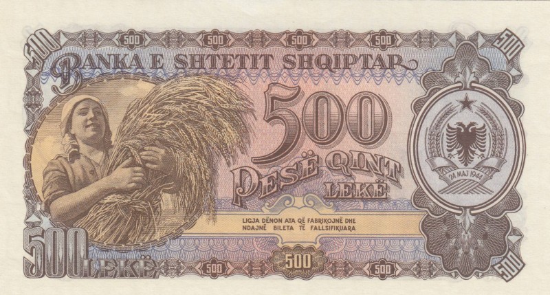 Albania , 500 Leke, 1957, UNC, p31
 Serial Number: PH 138466
Estimate: 15-30 U...