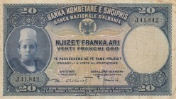 Albania, 20 Franka Ari, 1926, VF, p3a
 Serial Number: J41842
Estimate: 15-30 USD