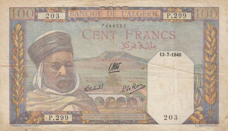 Algeria, 100 Francs, 1940, VF, p85
 Serial Number: 203 P.299
Estimate: 15-30 U...