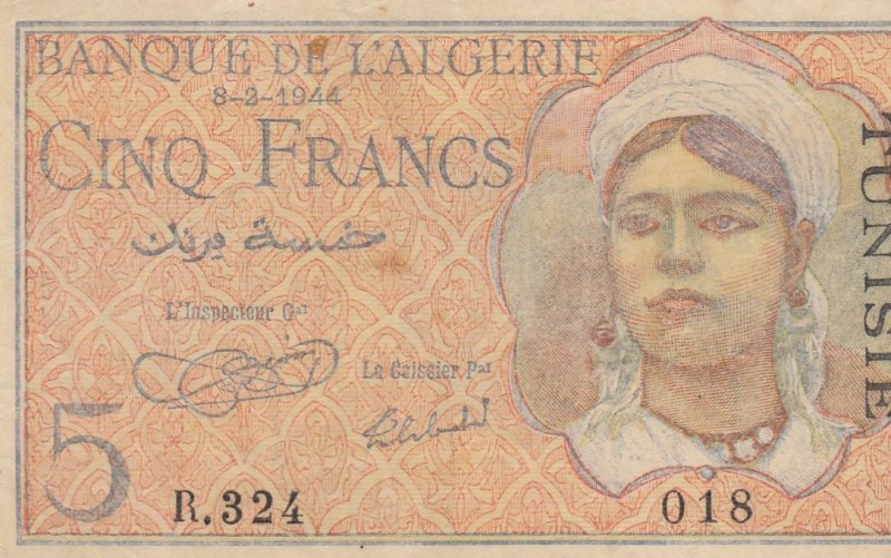 Algeria, 5 Francs, 1944, VF, p94a
there is stain on the banknote, Serial Number...