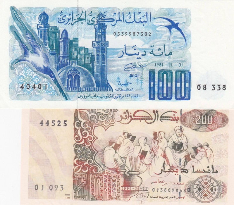 Algeria, Total 2 banknotes
100 Dinars, 1981, UNC(-), p131; 200 Dinars, 1992, UN...