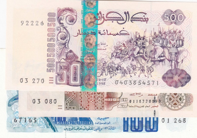 Algeria, Total 3 banknotes
100 Dinars, 1981, UNC(-), p131a; 200 Dinars, 1992, A...