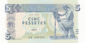 Andorra, 5 Pesetas, 2015, UNC, SPECIMEN
 Serial Number: AB 000269
Estimate: 25-50 USD