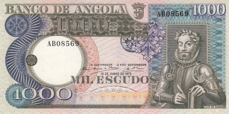 Angola, 1.000 Escudos, 1973, AUNC(-), p108
 Serial Number: AB08569
Estimate: 1...