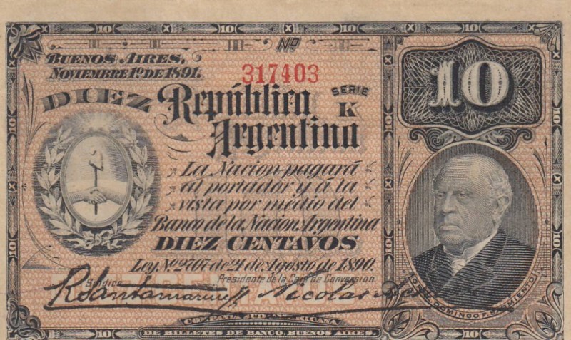 Argentina, 10 Centavos, 1891, AUNC, p210
Banco De La Nacion Argentina, Serial N...