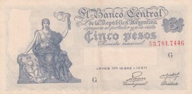 Argentina, 5 Pesos, 1951/59, XF, p264c
 Serial Number: 53781744G
Estimate: 10-20 USD