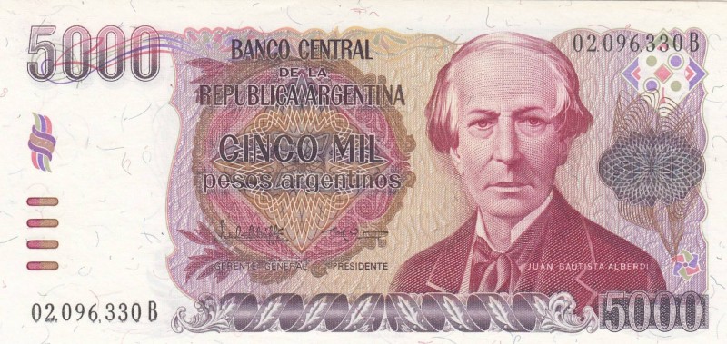 Argentina, 5.000 Pesos Argentinos, 1984/1985, UNC, p318a
 Serial Number: 020963...