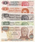 Argentina, UNC, Total 5 banknotes
1 Peso Argentino, 1983-84, p311a; 1 Peso, 1974, p293; 50 Pesos, 1974-75, p296; 500 Pesos, 1972-73, p292; 1.000 Peso...