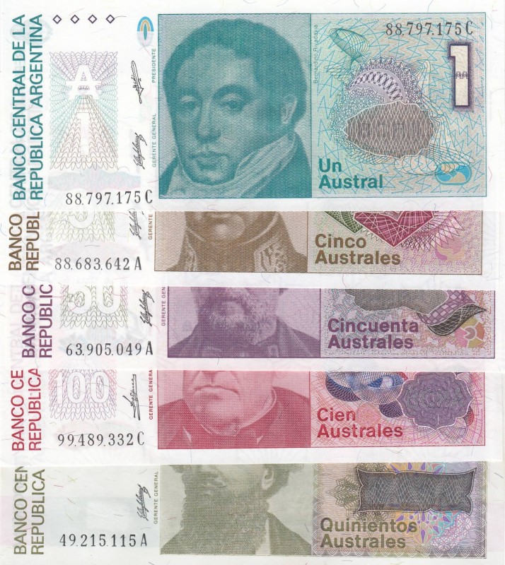 Argentina, UNC, Total 5 banknotes
1 Austral, 1985-89, p323b; 5 Australes, 1985-...
