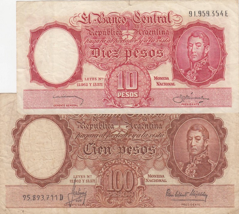 Argentina , 10 Pesos and 100 Pesos, 1935/1957, FINE, p265, p272, (Total 2 bankno...