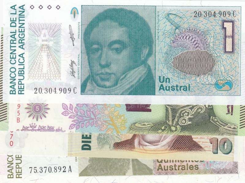 Argentina, Total 4 banknotes
1 Austral, 1985-89, UNC, p323b; 5 Pesos, 2015, UNC...