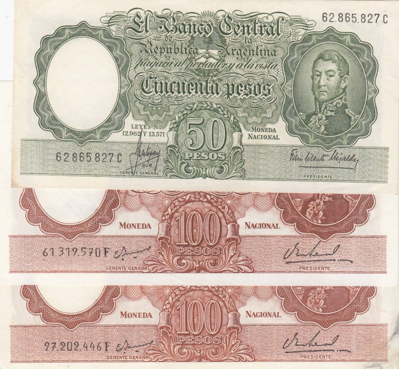 Arjantin, total 3 banknotes
50 Pesos, 1968/69, AUNC, p271; 100 Pesos, 1967/69, ...