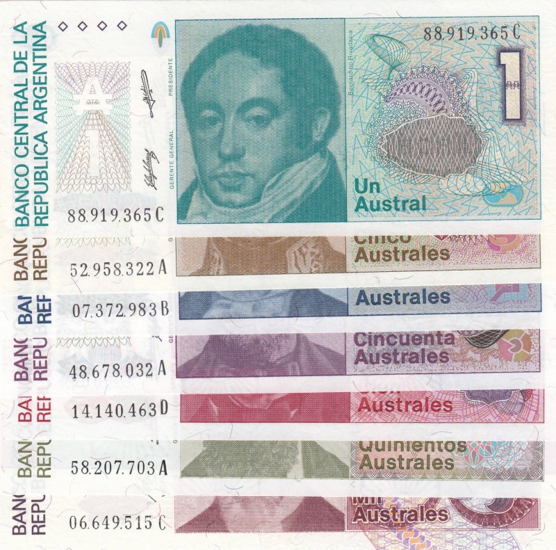 Argentina, Total 7 banknotes
1 Austral, 1985/1989, ÇİL; 5 Australes, 1985/1989,...