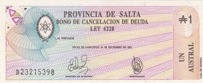 Argentina, 1 Austral, 1987, UNC, "debt cancellation bond"
Provincia De Salta, S...