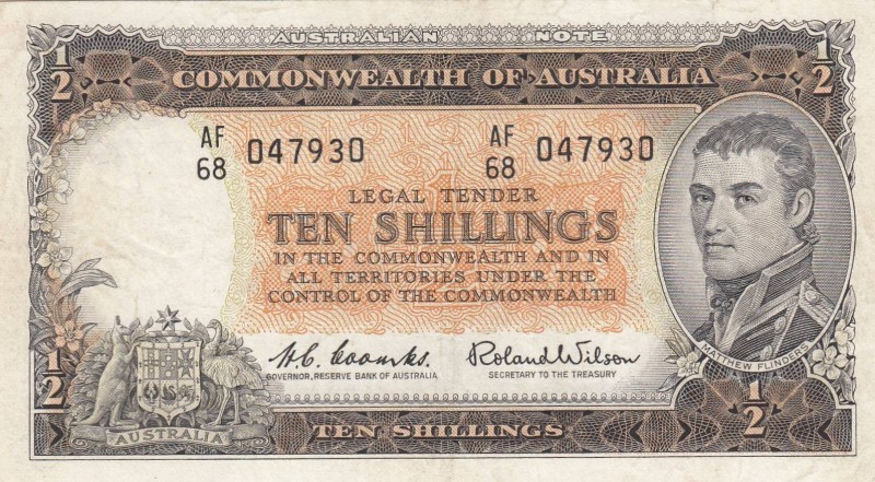 Australia, 10 Shillings, 1961/1965, XF, p33a
pressed, Serial Number: AF68 04793...