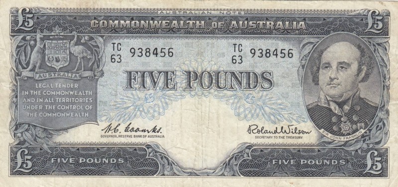 Australia, 5 Pounds, 1960/1965, VF, p35a
 Serial Number: TC63 938456
Estimate:...