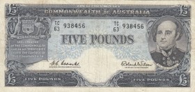 Australia, 5 Pounds, 1960/1965, VF, p35a
 Serial Number: TC63 938456
Estimate: 75-150 USD