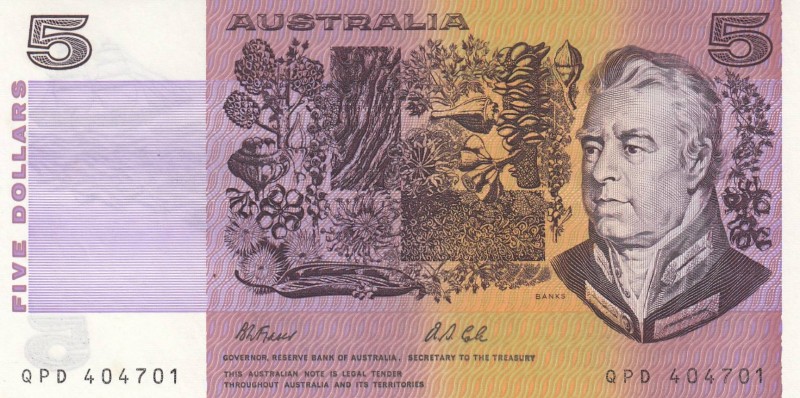 Australia, 5 Dollars, 1974/1991, UNC, p44
 Serial Number: QDP404701
Estimate: ...