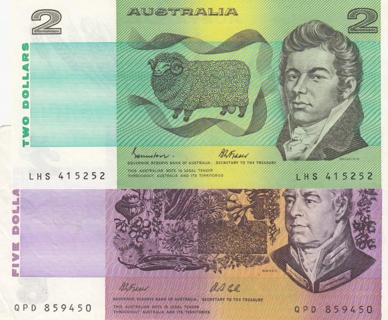 Australia, XF, Total 2 banknotes
2 Dolars,1983, p43e; 5 Dolars, 1991,p44g , Ser...