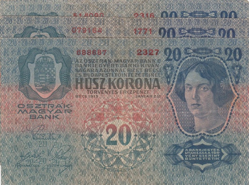 Austria, 20 Kronen, 1913, p13, Total 3 banknotes
Different conditions between V...