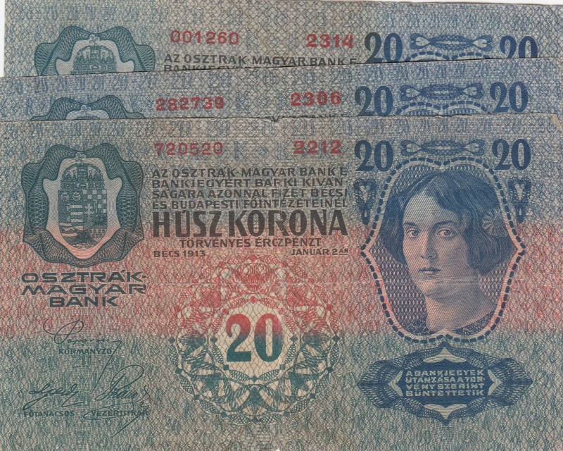 Austria, 20 Kronen, 1913, p13, Total 3 banknotes
Different conditions between V...