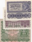 Austria, 10-20-100 Kronen , 1922, 
10 Kronen, p75, UNC; 20 Kronen, p76, UNC; 100 Kronen, p77, AUNC, Serial Number: 1034392639,1036050050,1153452294
...