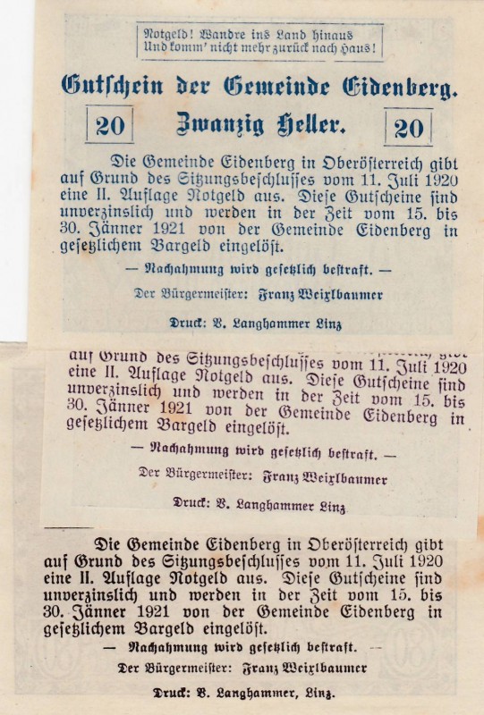 Austria, 10 Heller, 20 Heller, 50 Heller, 1920, UNC, Notgeld, Total 3 banknotes...