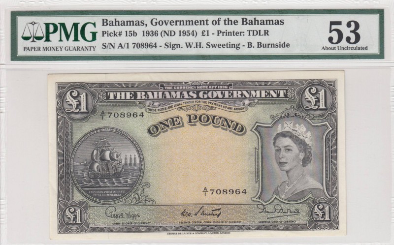 Bahamas , 1 Pound, 1954, AUNC, p15b
PMG 53, Serial Number: A/1 708964
Estimate...