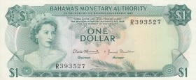 Bahamas, 1 Dollar, 1968, AUNC, p27
 Serial Number: R 393527
Estimate: 25-50 USD