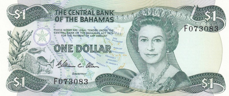 Bahamas, 1 Dollar, 1974/1984, UNC, p43
 Serial Number: F073083
Estimate: 20-40...