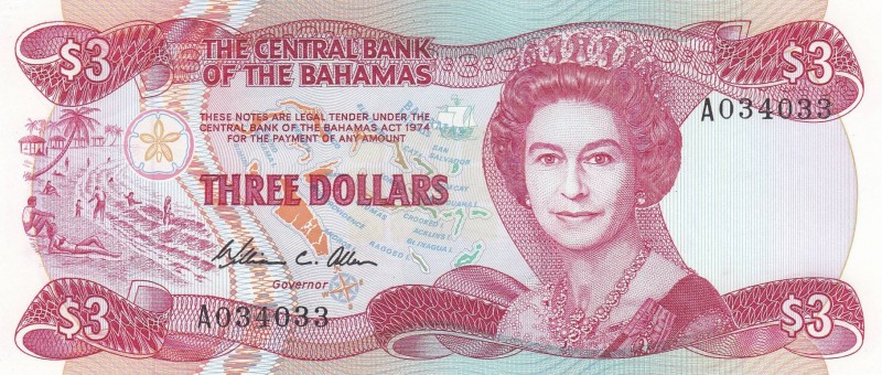 Bahamas, 3 Dollars, 1974, UNC, p44a
 Serial Number: A034033
Estimate: 15-30 US...