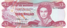 Bahamas, 3 Dollars, 1974, UNC, p44a
 Serial Number: A034033
Estimate: 15-30 USD