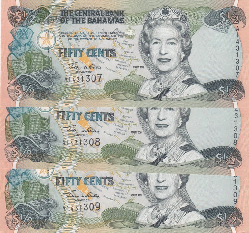 Bahamas, 1/2 Dollar, 2001, UNC, p68 
Consecutive serial number, total 3 banknot...