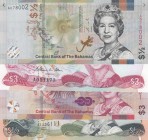 Bahamas, 50 Cents (2) and 3 Dollars (2), 1984/2018, UNC, (Total 4 banknotes)
Queen Elizabeth II portrait
Estimate: 20-40 USD