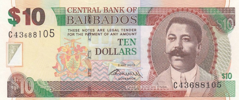 Barbados, 10 Dollars, 2012, UNC, p68c
 Serial Number: C43688105
Estimate: 10-2...