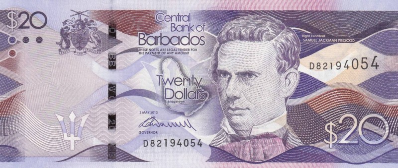 Barbados, 20 Dollars, 2013, UNC, p76
 Serial Number: D82194054
Estimate: 10-20...