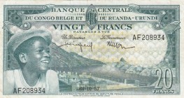 Belgium Congo, 20 Francs, 1957, XF, p31
 Serial Number: AF 208934
Estimate: 50-100 USD