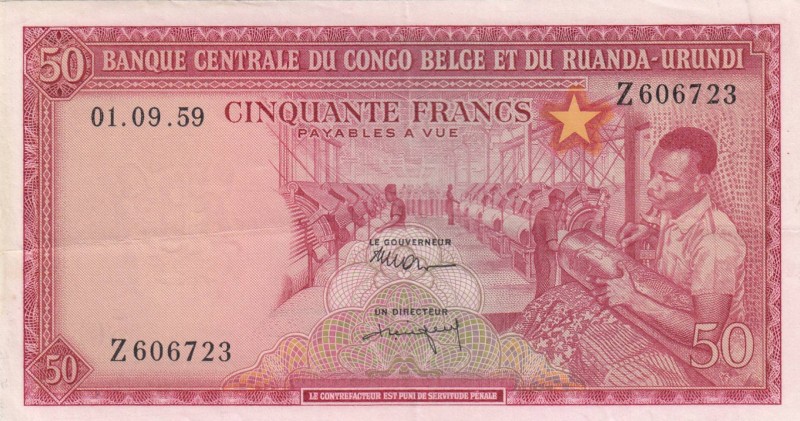 Belgian Congo, 50 Francs, 1959, XF, p32
 Serial Number: Z606723
Estimate: 50-1...