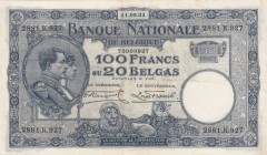 Belgium, 100 Francs-20 Belgas, 1931, XF, p102
 Serial Number: 2881.K.927
Estimate: 20-40 USD