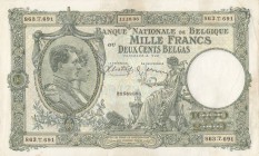 Belgium, 1000 Francs - 200 Belgas, 1938, XF, p104
 Serial Number: 863.T.691
Estimate: 60-120 USD