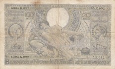 Belgium, 100 Francs or 20 Belgas, 1939, FINE, p107
 Serial Number: 6305.K.092
Estimate: 10-20 USD