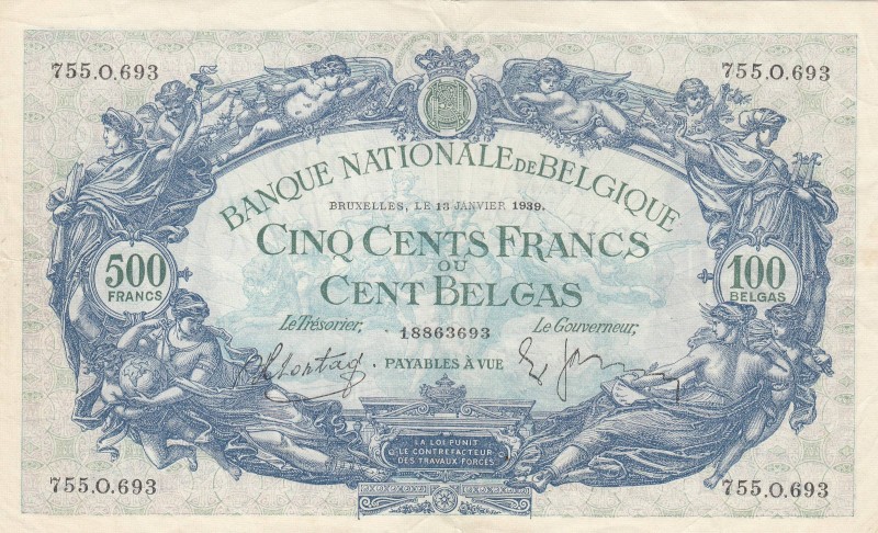 Belgium, 500 Francs or 100 Belgas, 1939, XF, p109
 Serial Number: 755.O.693
Es...
