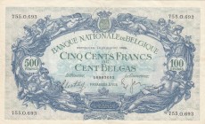 Belgium, 500 Francs or 100 Belgas, 1939, XF, p109
 Serial Number: 755.O.693
Estimate: 40-80 USD