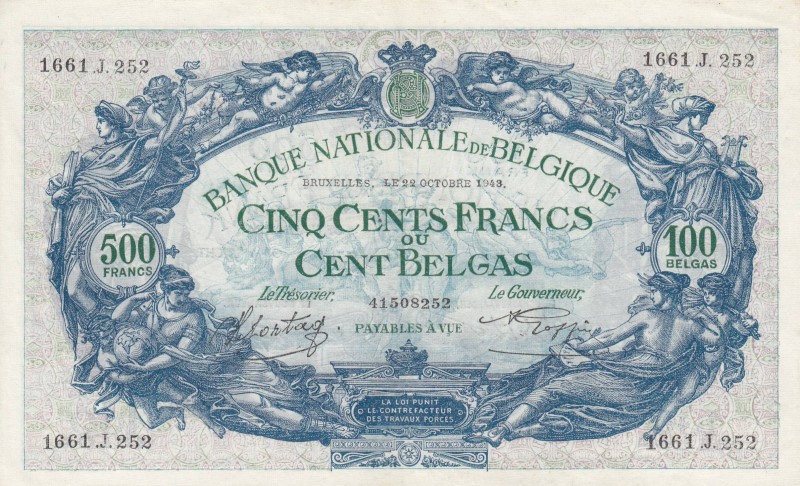 Belgium, 500 Francs-100 Belgas, 1943, XF, p109
 Serial Number: 1661.J.252
Esti...