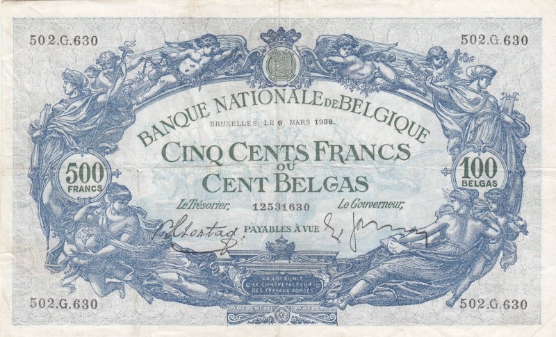 Belgium, 500 Francs=100 Belgas, 1938, VF, p109
 Serial Number: 502G630
Estimat...