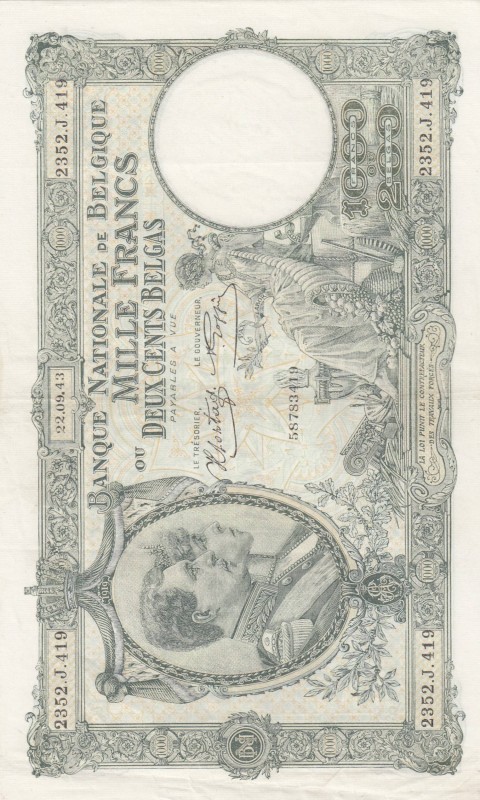 Belgium, 1.000 Francs or 200 Belgas, 1943, XF, p110
 Serial Number: 2352.J.419...