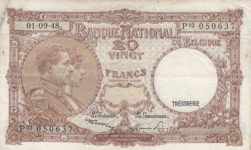 Belgium, 20 Francs, 1948, VF, p116
 Serial Number: P02.050637
Estimate: 20-40 ...