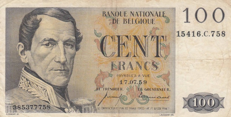 Belgium, 100 Francs, 1959, VF, p129b
 Serial Number: 15416.C.758
Estimate: 15-...