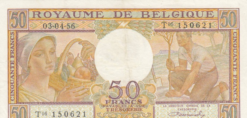 Belgium, 50 Francs, 1956, XF, p133b
 Serial Number: T06.150621
Estimate: 15-30...